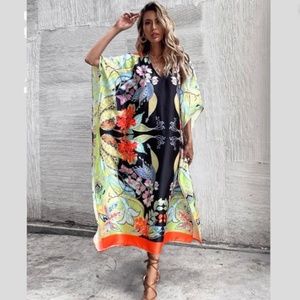 Zara Black Kimono Multicolored Printed Satin Feel Kaftan Scarf Midi Dress